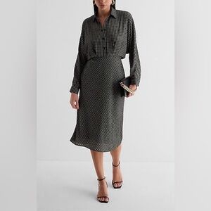Express half button up midi portofino shirt dress in black print, Small